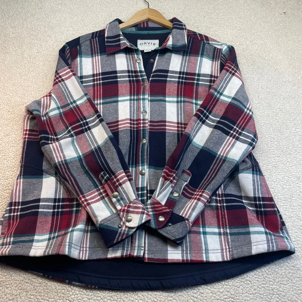 Orvis Shirt Jacket Womens XXL Red Plaid Fleece Lined Snap Front Classic 1316954